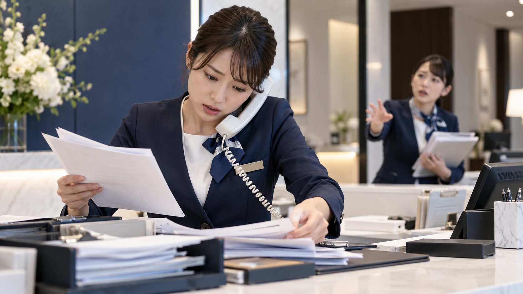 電話と書類対応に追われ、周囲を見る余裕を失ったスタッフ