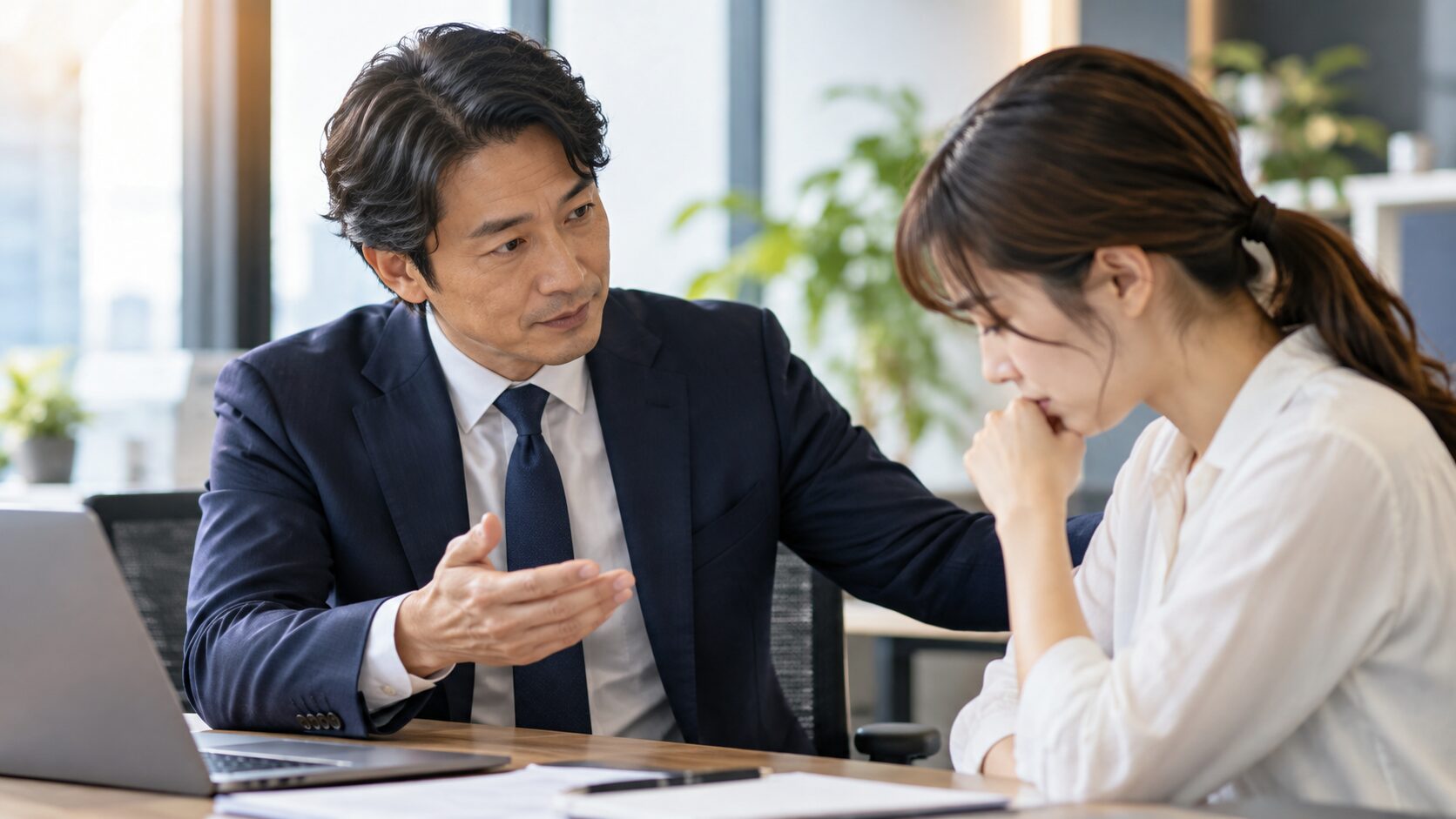感情をぶつけず、落ち着いて部下に助言するリーダー