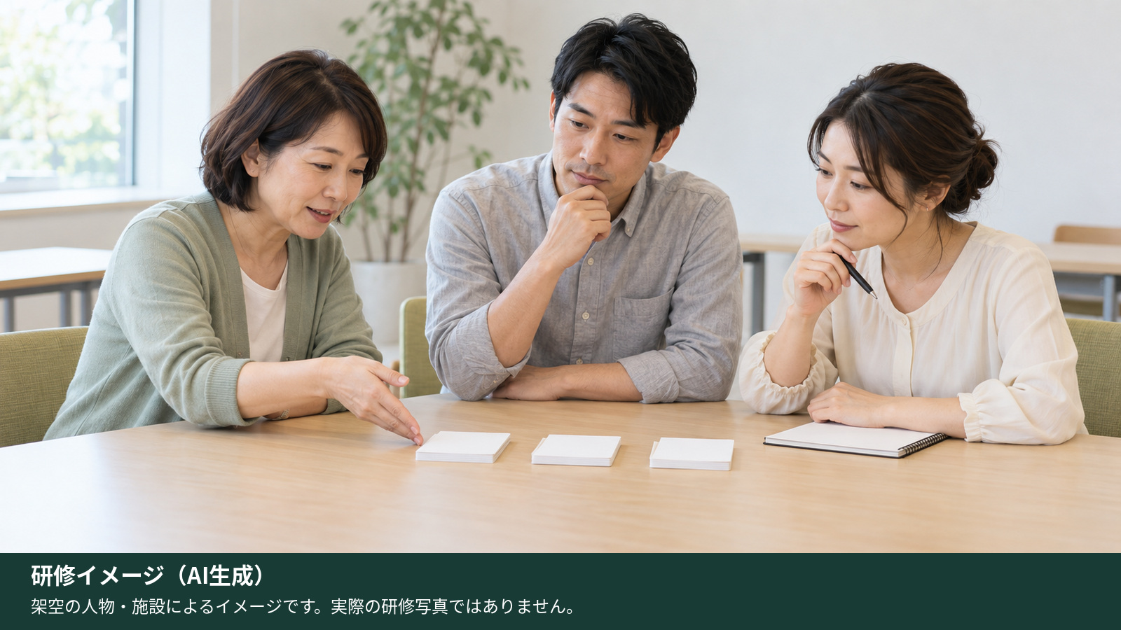 架空の成人3人が無記名カードを使い、接遇ロールプレイの前提を話し合う研修イメージ（AI生成）。実際の人物・施設・研修の写真ではありません。