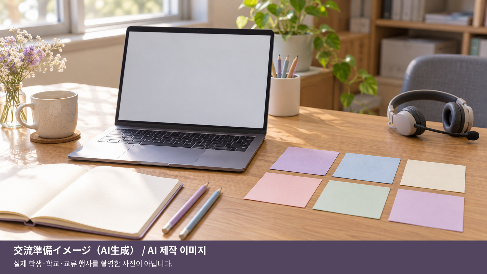 빈 노트북 화면과 여섯 장의 빈 질문 카드로 온라인 학교 교류를 준비하는 AI 제작 이미지. 실제 학생·학교·교류 행사의 사진이 아닙니다.