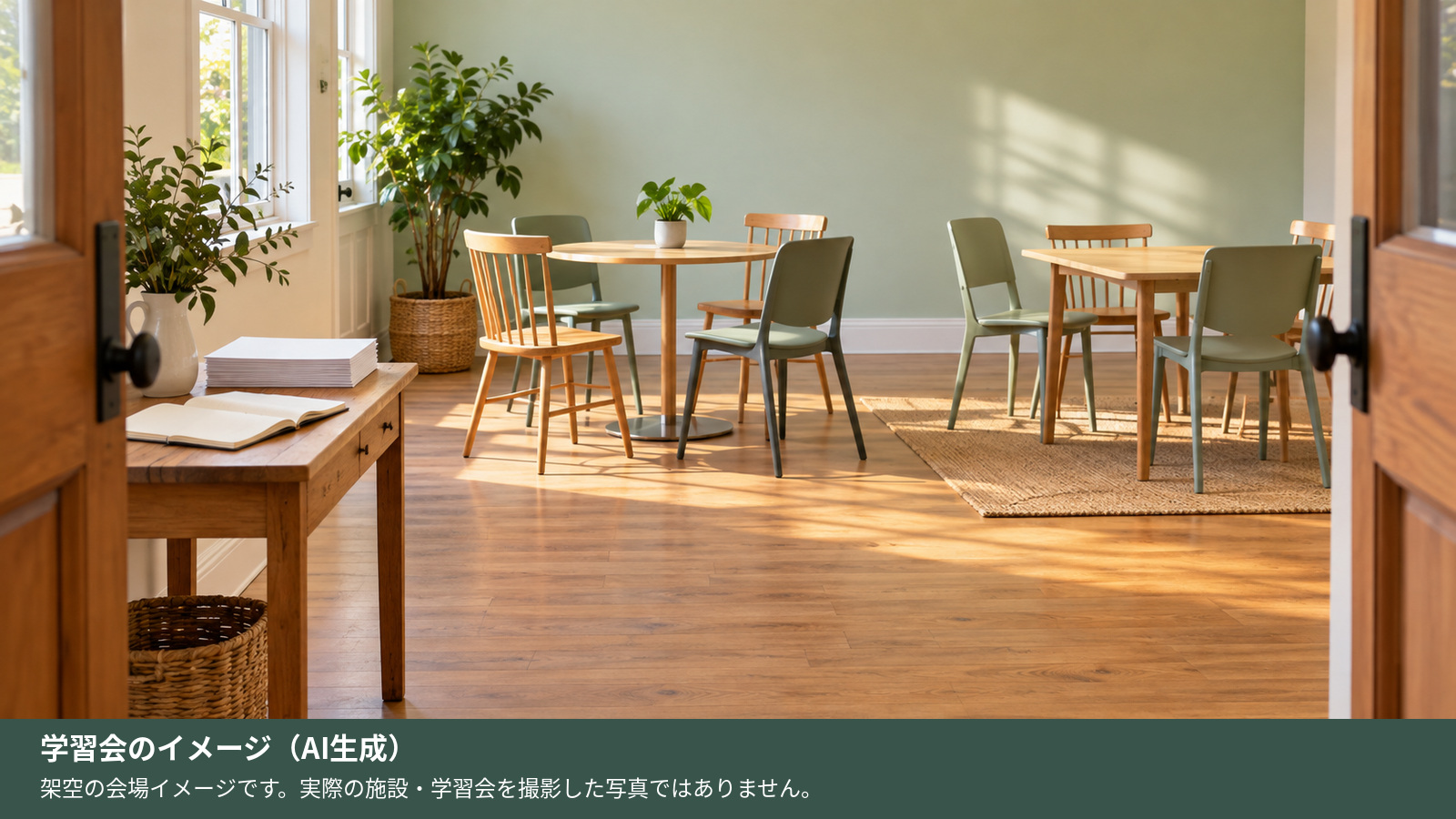 入口近くに白紙資料を置いた受付台があり、奥に席を用意した無人の小さな学習室のイメージ（AI生成）。実在施設の写真ではありません。