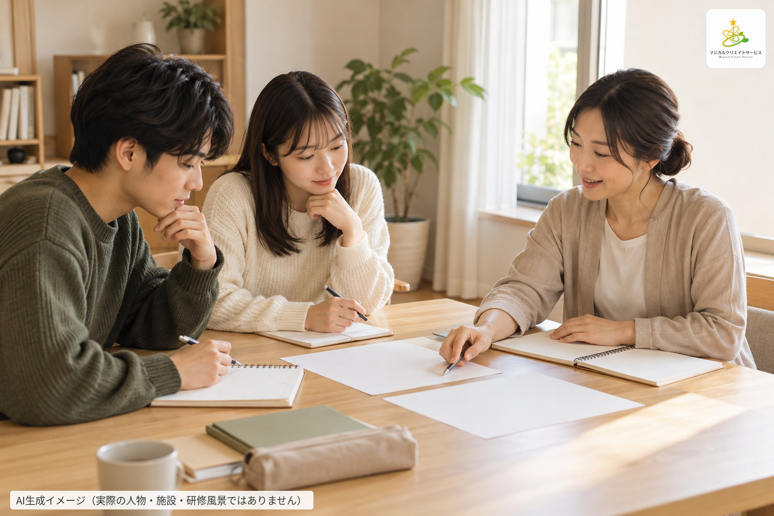 資料を囲んで学びの準備を話し合う3人のAI生成イメージ