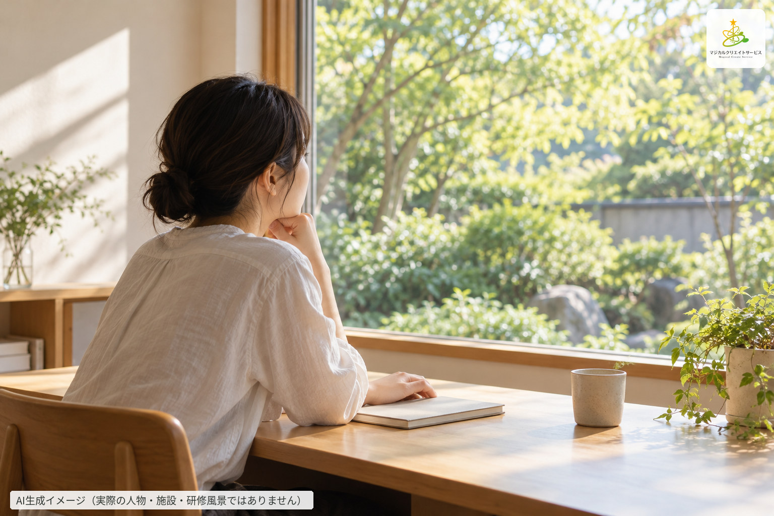 窓辺でノートを前に静かに振り返る人のAI生成イメージ