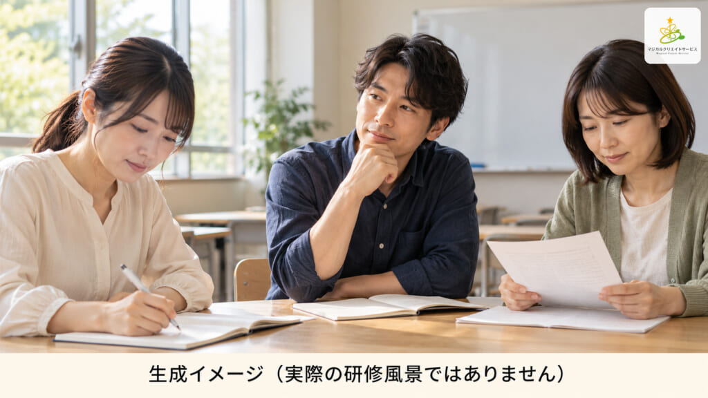 資料を読み、ノートを取りながら考える3人のAI生成イメージ