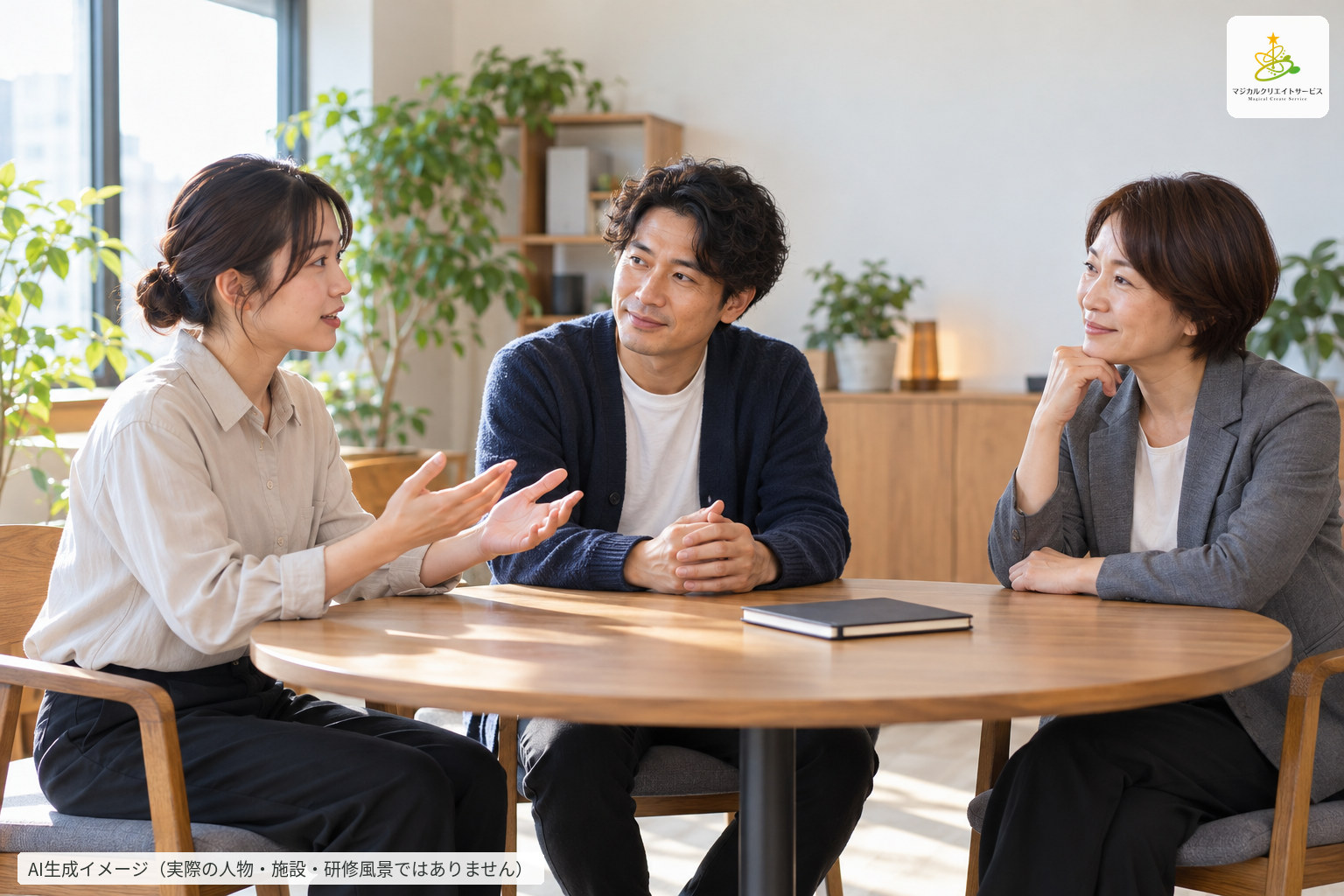 相談内容と対応を3人で話し合うAI生成イメージ