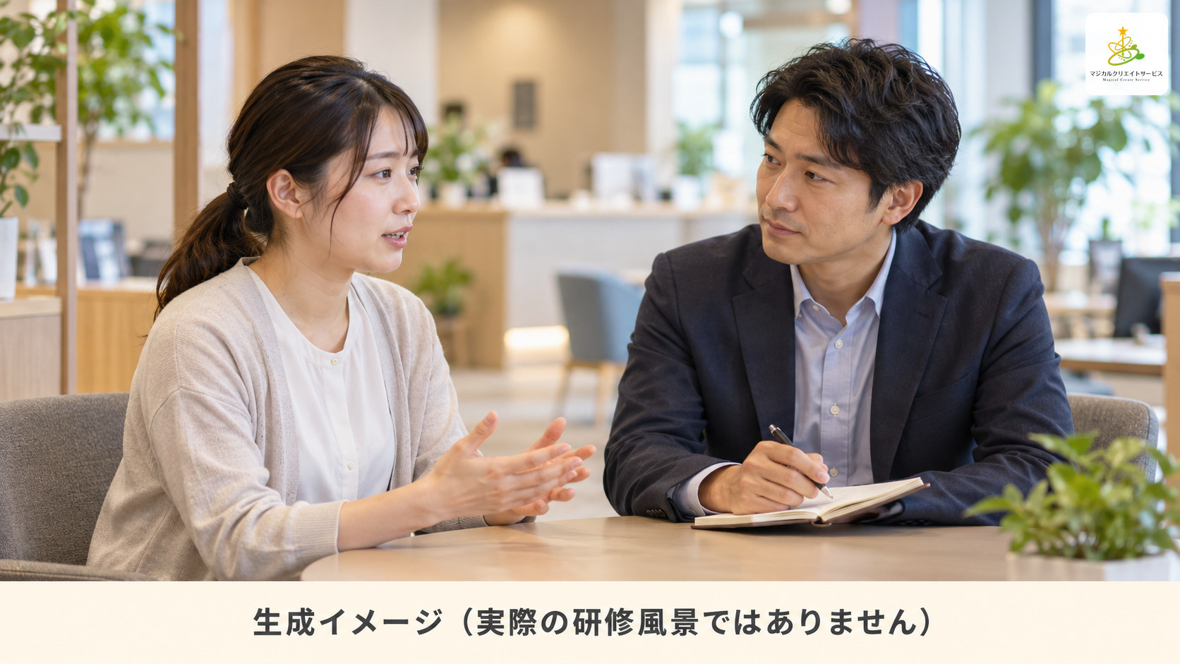 相談する人の話を聞きながらメモを取るAI生成イメージ