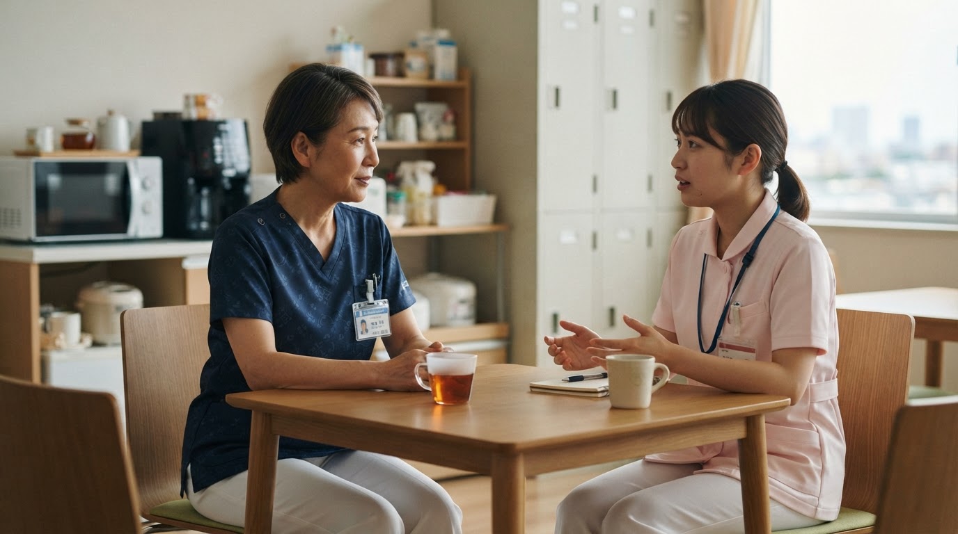 クリニックで看護師長とスタッフが患者対応と報告ルートを確認するイメージ